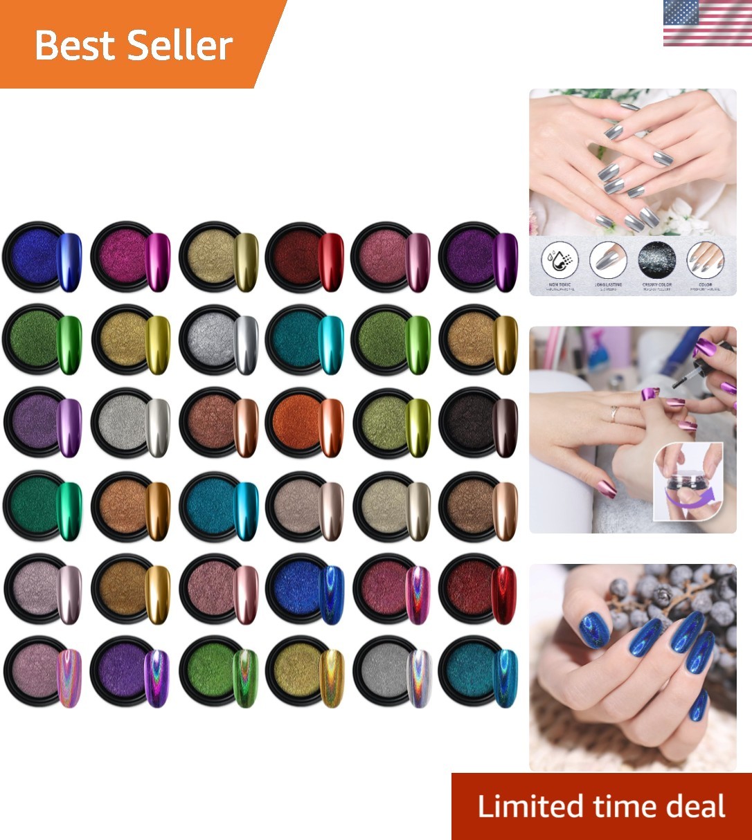 36 Jars Chrome Nail Powder Nail Art Fimo Decoration Metallic Mirror Effect Ho…