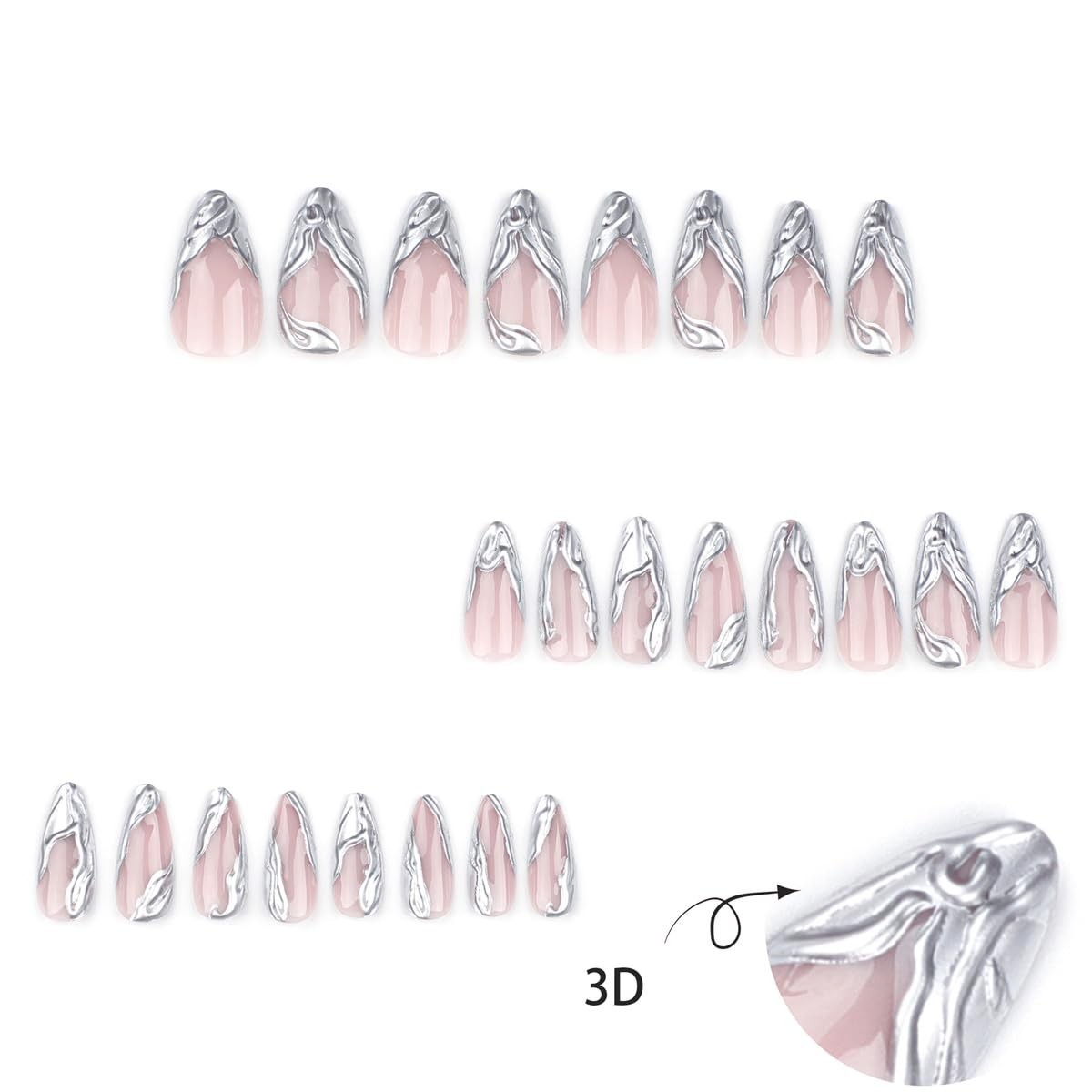 24Pcs Press on Nails Long French Tip, Metal French False Nails Natural Full C…