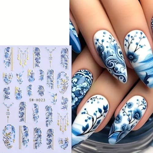 6 Sheets Flower Nail Art Stickers Decals 3D Self-Adhesive Gold Edge Flowers-5