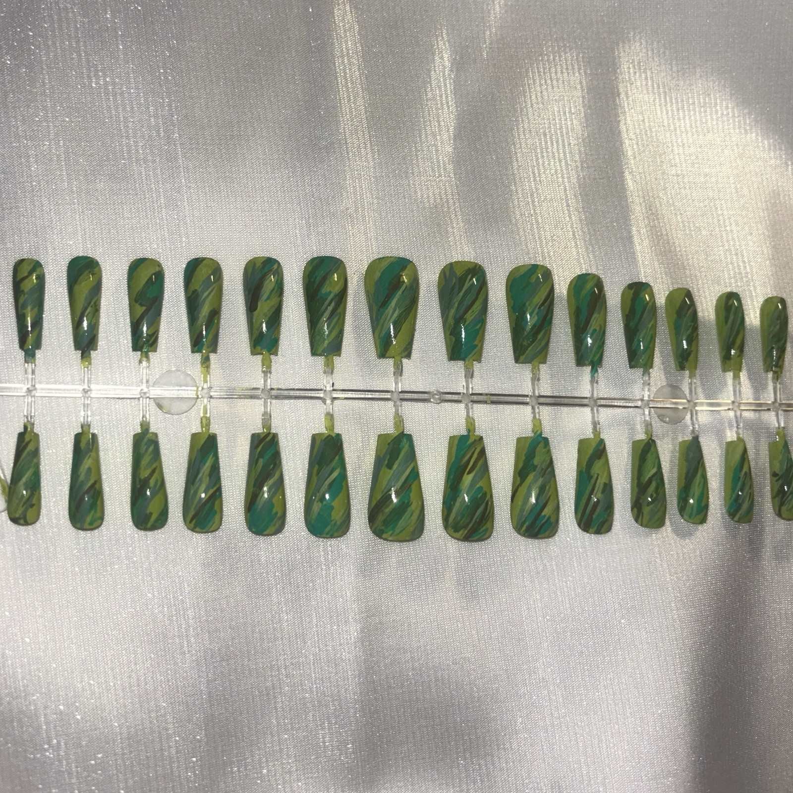 28 pc XL (00) Green Yellow Camouflage Glossy Long Coffin Press-On Nails Handmade