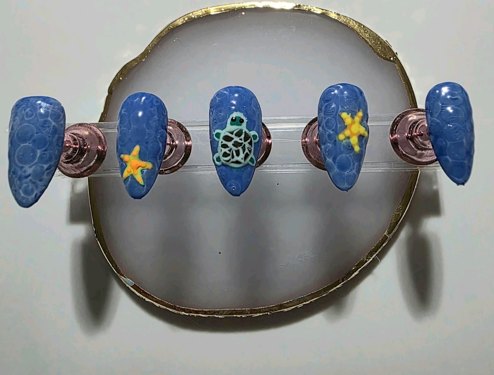 Maddi Nail Co. Blue Ocean Turtle & Starfish Almond Medium Full Cover Press-Ons