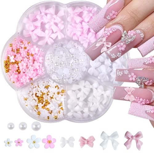Nail Charms, Flower Bow Manicure Kit, Pink White 3D Cute Flower and Bow Nail