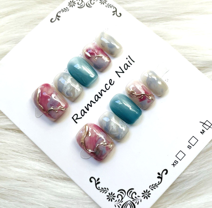 Pink Blue Gold Cat eye Premium Press On Nails Size Medium, Short Length Oval