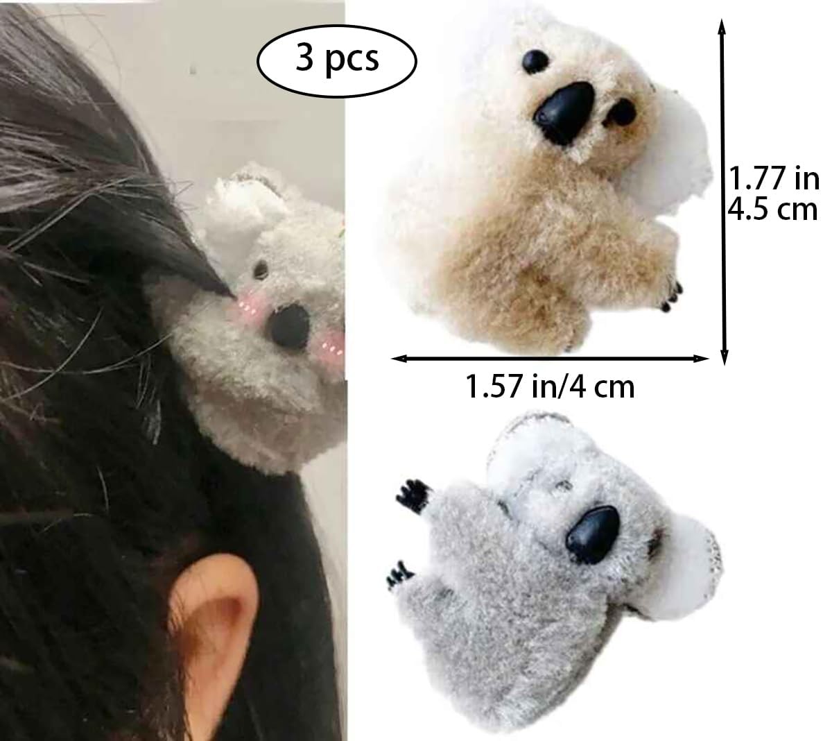 3 Pcs Plush Gray and Khaki Koala Hair Claw 1 Count (Pack of 3), White