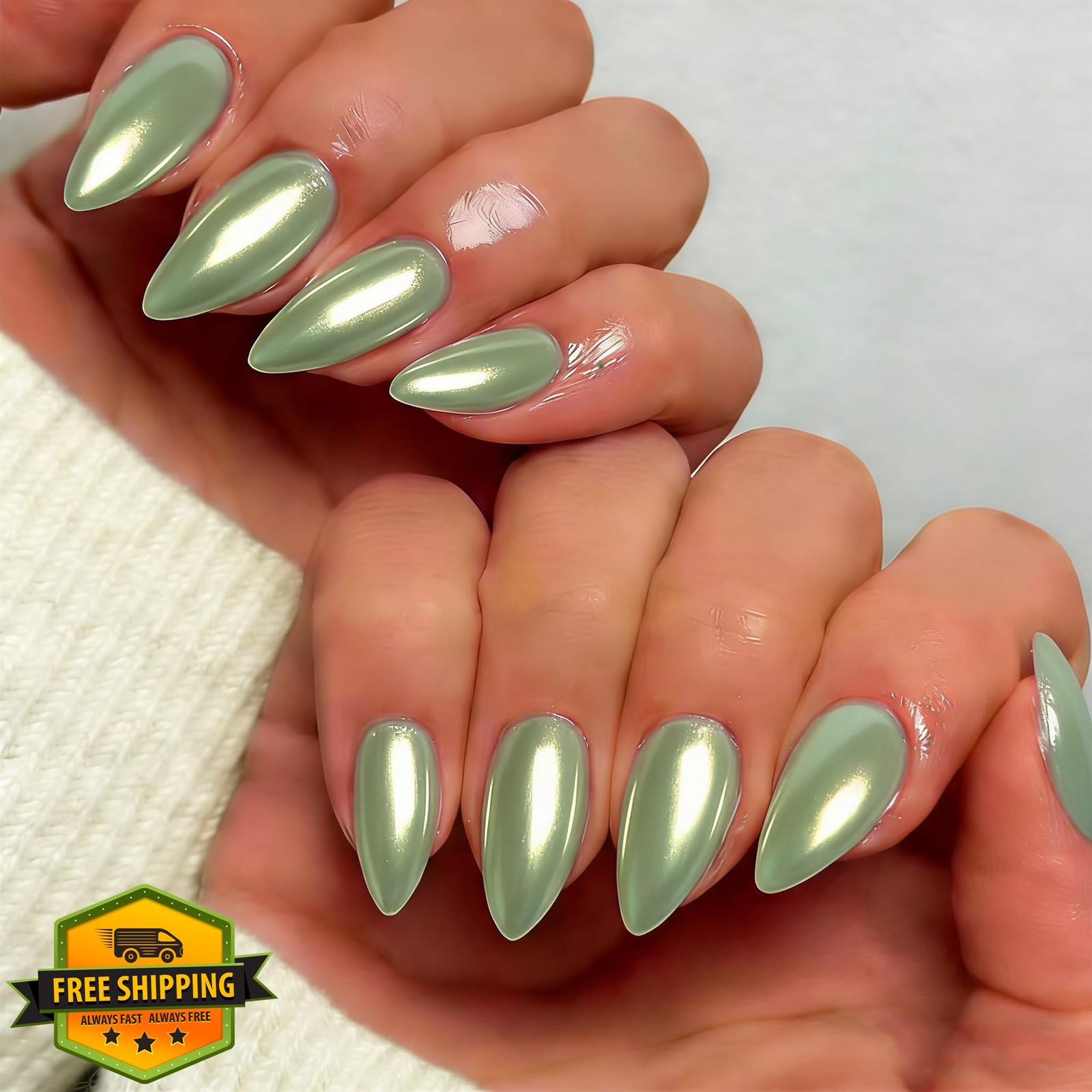 SXVME Chrome Nails Almond Pastel Green Medium