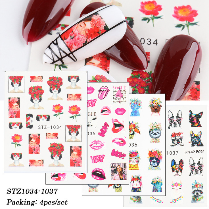 16 Sheets Nail Art Stickers Lips Roman English Dog Animal Dinosaur SeaWorld NS10