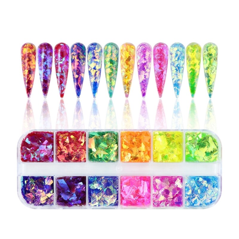 12 Grids Boxed Nail Art Glitter 3D Irregular Large Fragments