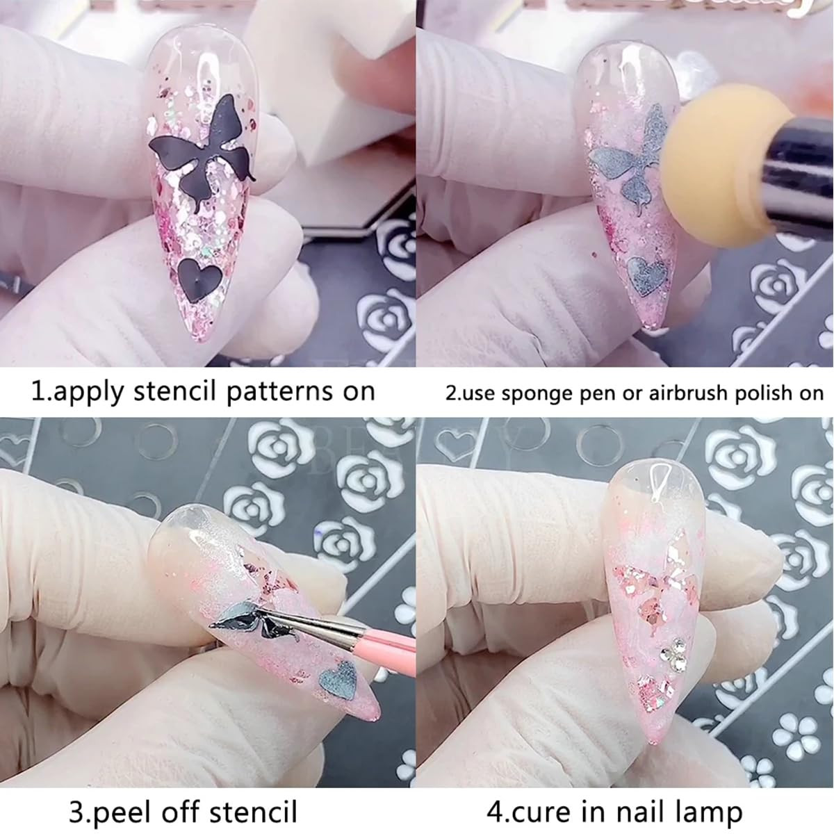 6 Sheets Airbrush Nail Stencils Heart Butterfly Flowers Flame Star Nail Art S…