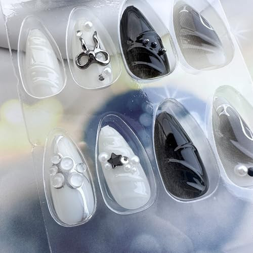 Black Press on Nails Medium Almond Fake Nails with 3D Alloy Bow Pearl Designs