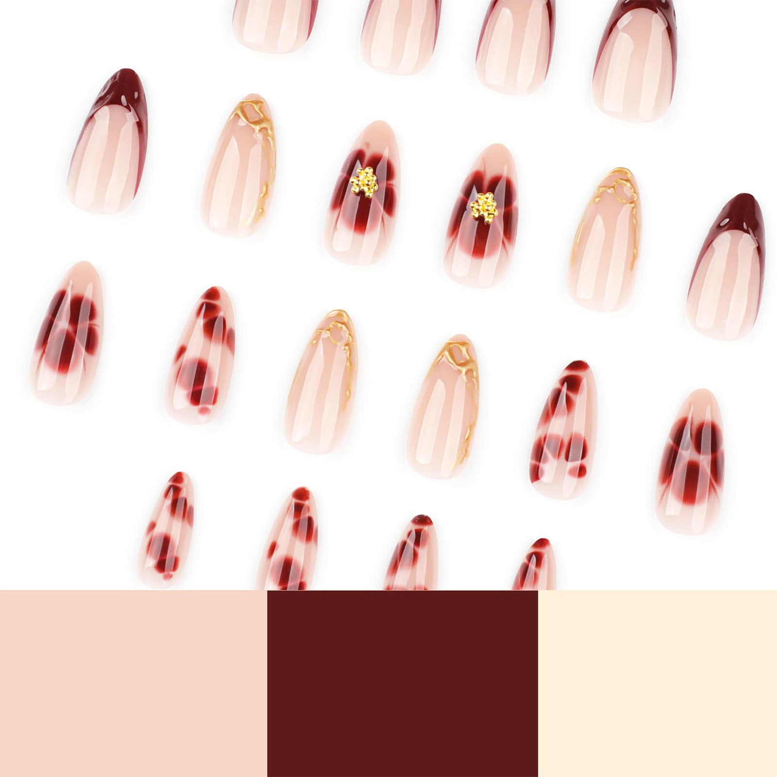 French Tip Press On Nails Short Almond Red 24 Pieces with 3D Gold Bead Designs