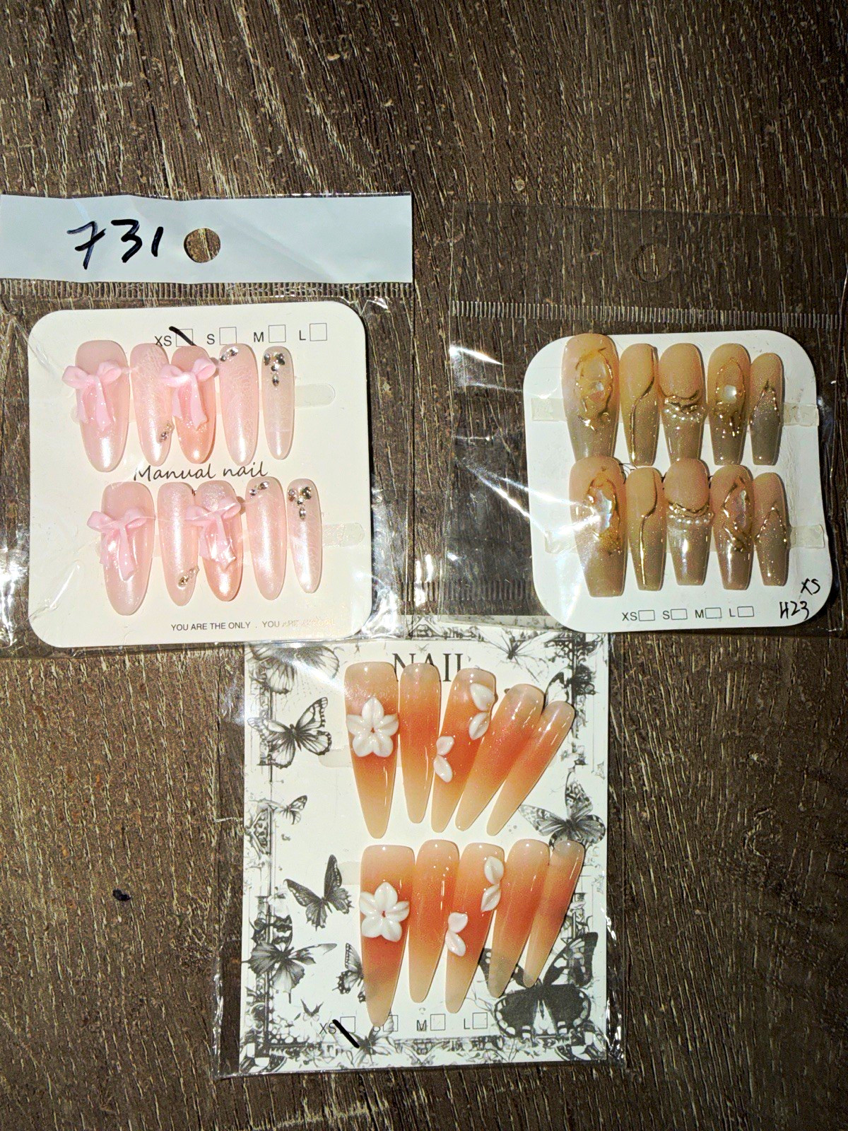 3 Sets X-SMALL Long Coffin 3D Full Cover Press-On Nails Floral Pink/Nude