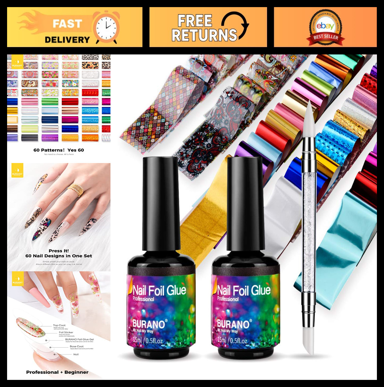 Nail Art Foil Glue Gel 15ML – 2 Bottles + 60PCS Foil Stickers for Nail Design