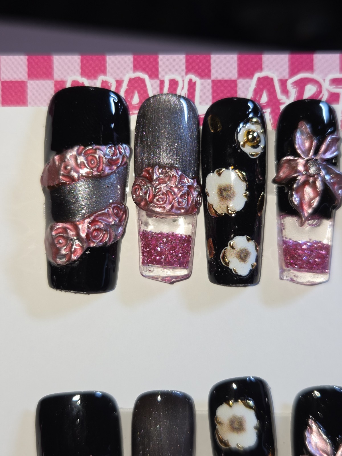 Press On Nails Handmade Medium Hot pink black hot pink water nails