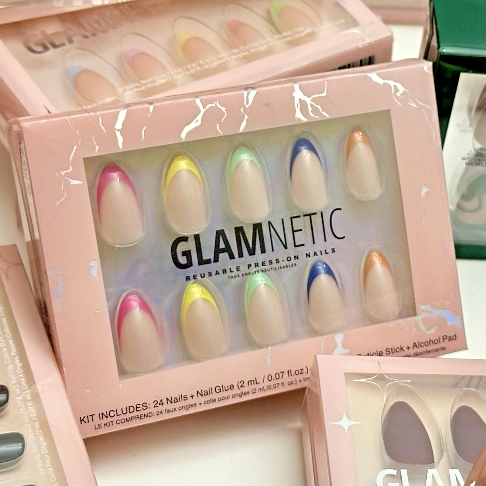 GLAMNETICS Press On Nails SPRINKLES Short Almond BRAND NEW NIB Bright FRENCH TIP