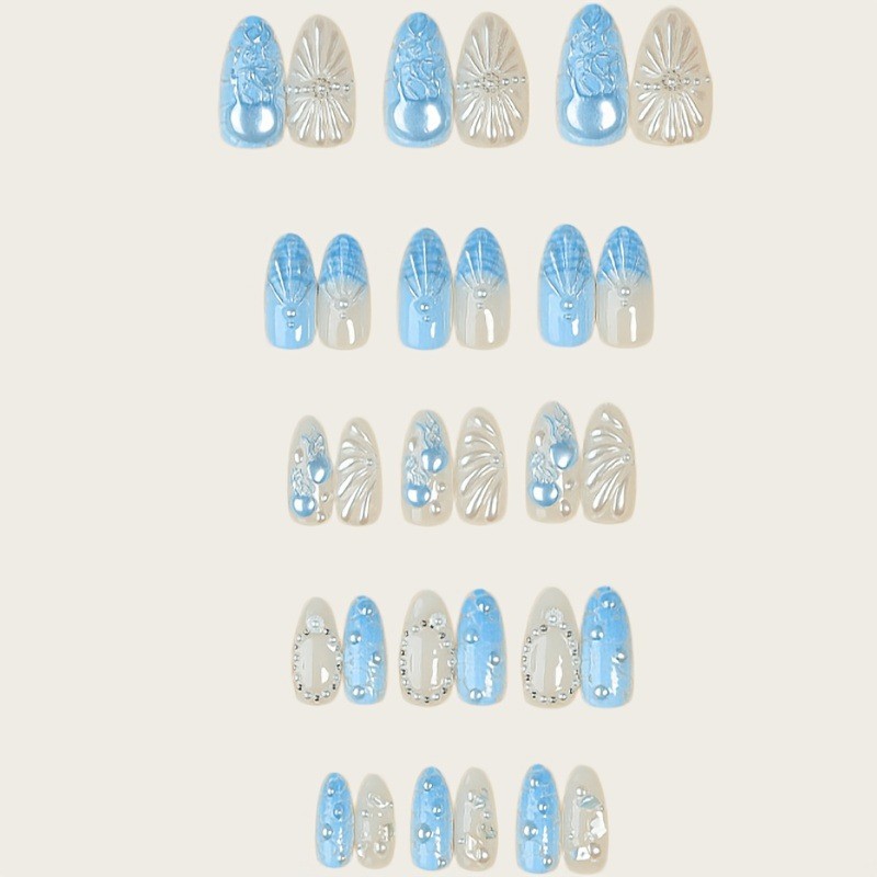 30pcs Summer Sea Shell Press on Nails Almond Shape with Jellyfish&Pearl Details