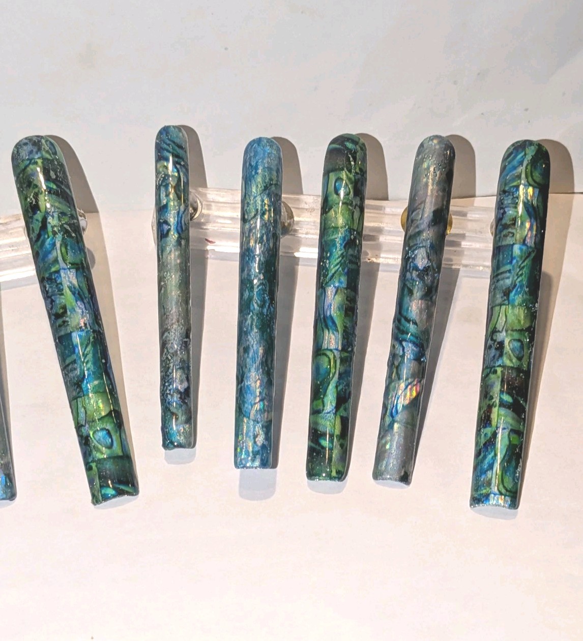 Hand Crafted 6Xl Acrylic Teal and Blue Marble Long Press-On Nails Sz Medium