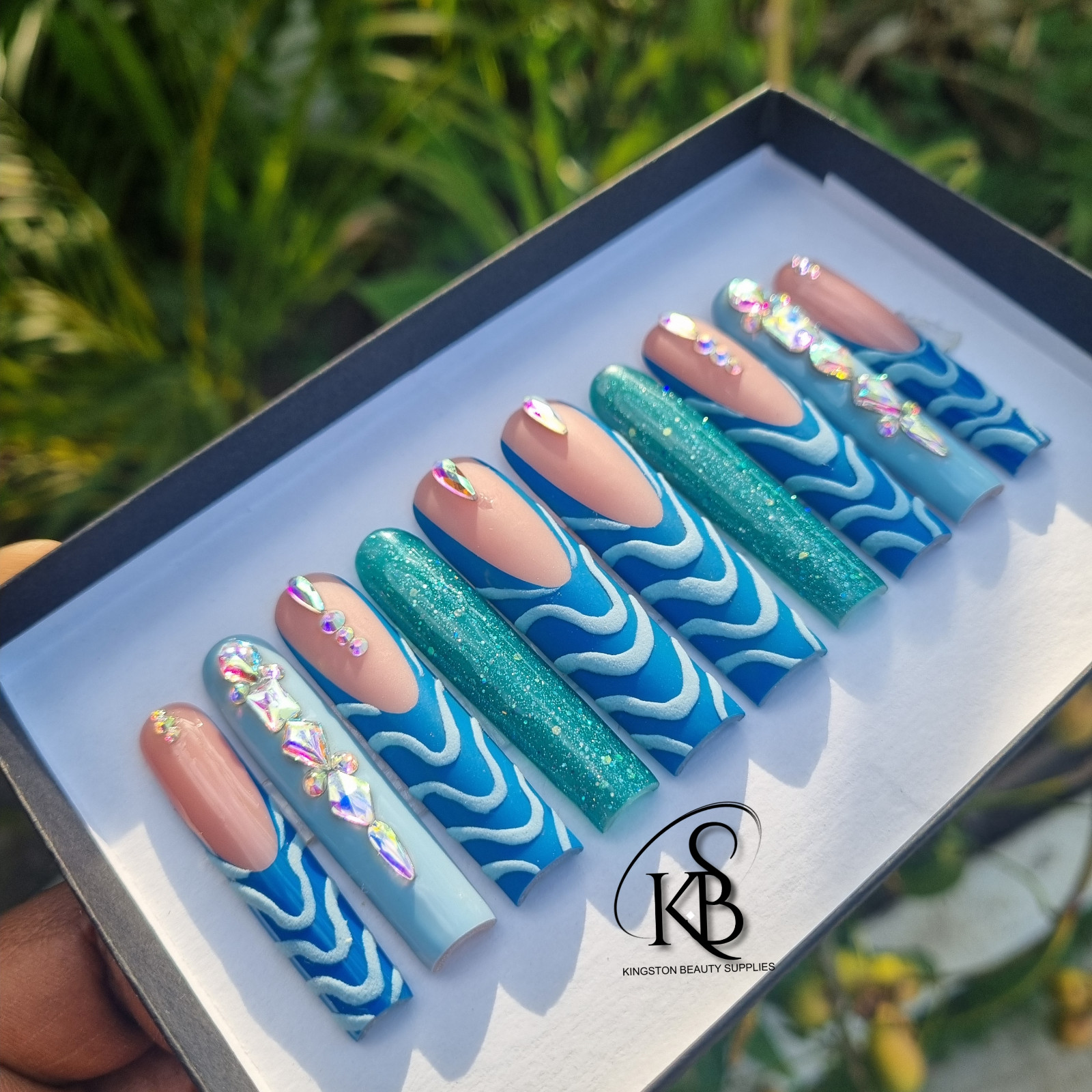 Handmade Luxury Gel Press On Nail 3XL Blue Nail Art Summer Nail Bling Rhinestone