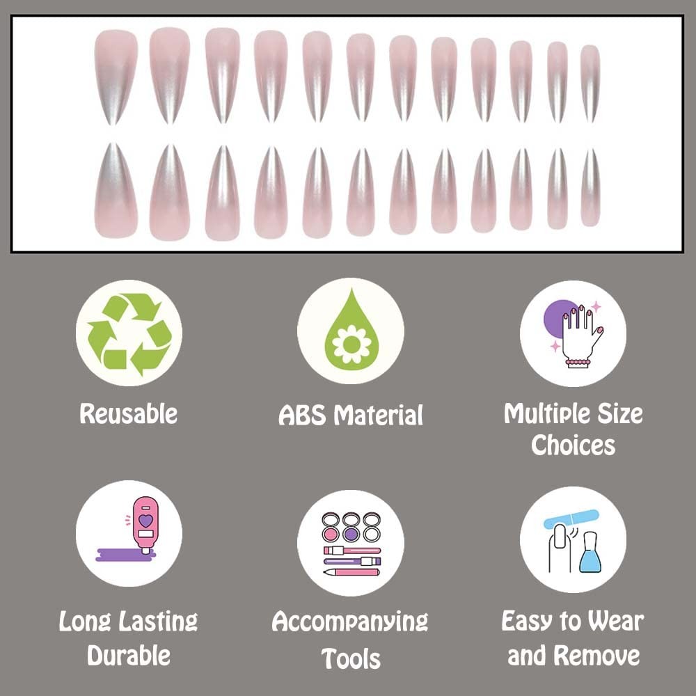 Silver Stiletto Press on Nails Long, Ombre Chrome Fake Nails for