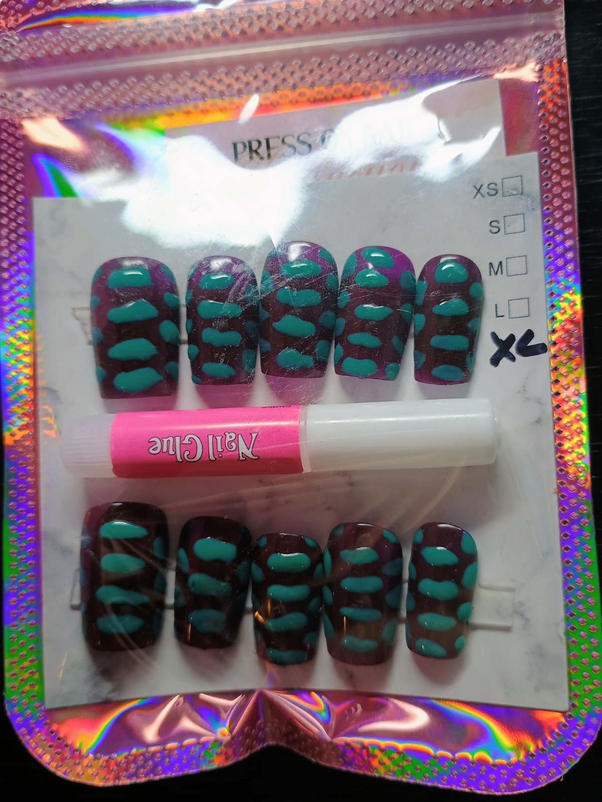 Hand Painted Press On Nail Size X Large Length Short