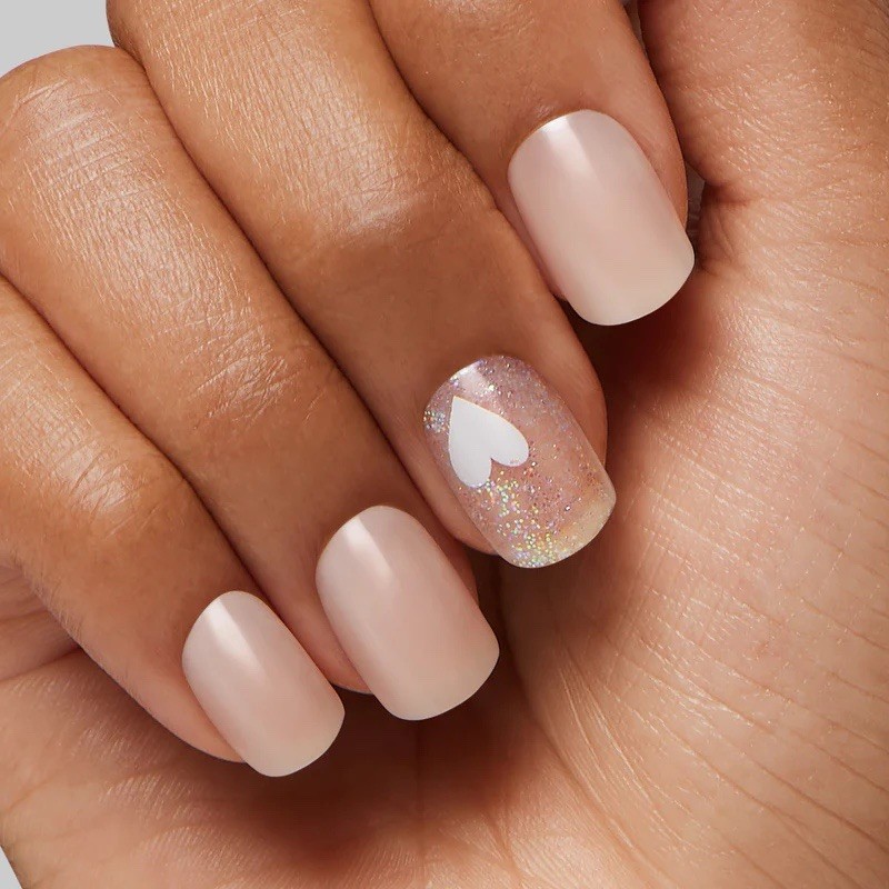 Kleo Kolor 30 Press-On Gel Nails~RETIRED Love Dream~Nude Heart Glit~Short Square