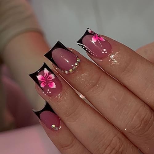 24Pcs Black French Tip Press on Nails Medium Square Flower Nails Medium-30