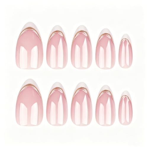 24Pcs Medium Almond White French Tip Double Gold Line Nude Short Style-30