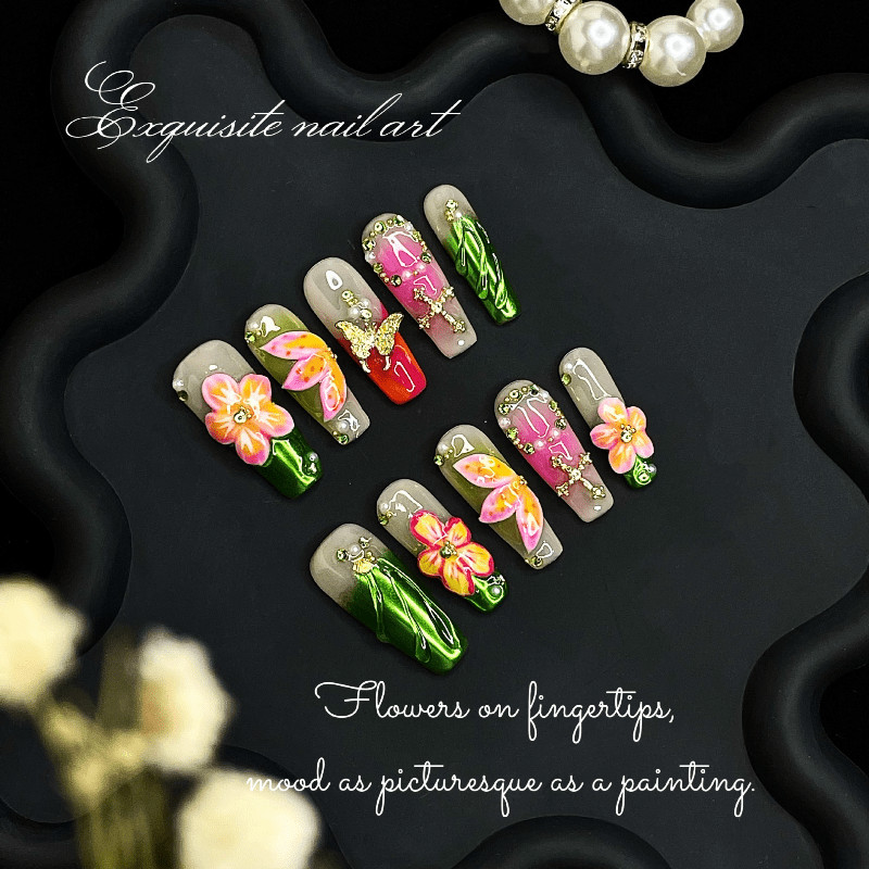 10pcs Almond Press on Nails, Green Pink Floral Cross Rhinestone Glam Nails