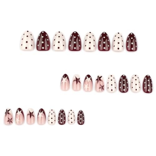 Short Almond Press on Nails – Polka Dot Fake Nails Press ons with Star Style-23