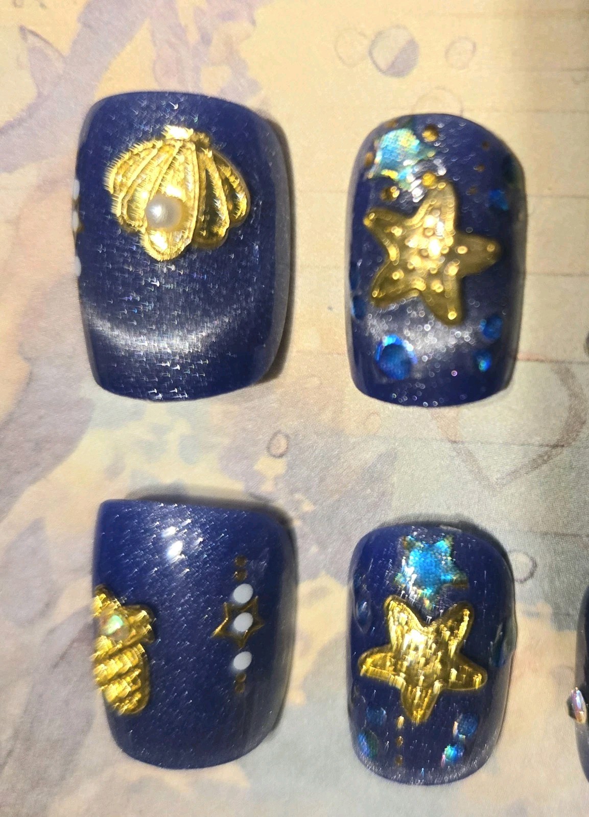 Blue Gold Beach Press On Nails Seahorse Shells Starfish Pearls Bubbles Decorated
