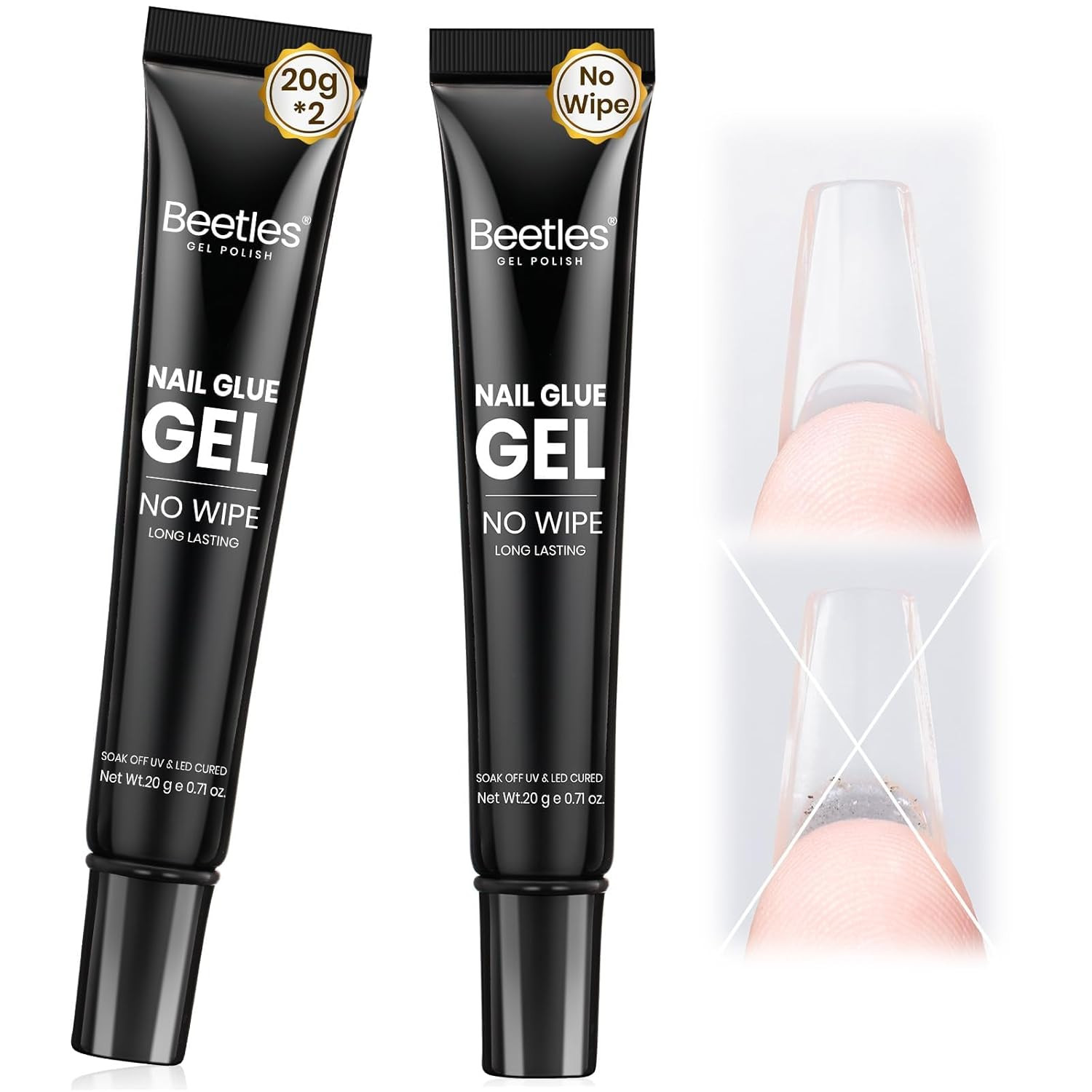 Beetles Solid Nail Glue Gel 2Pcs 20G for Nail Tips, No Wipe Hands-Free Nail Tip