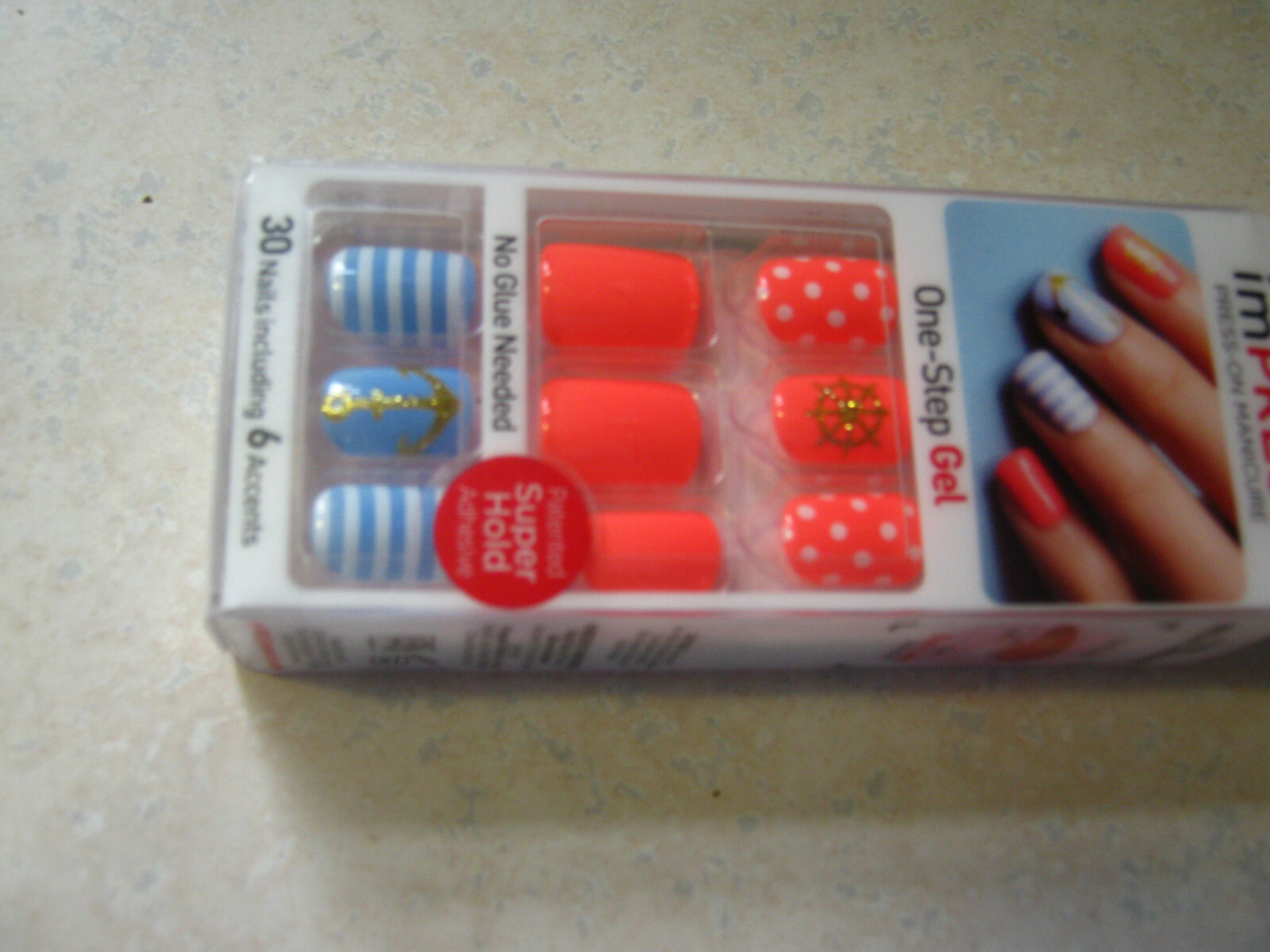 2 Impress FUNKY TOWN Press-On 30 Nails Anchor Nautical Orange Blue Ship 62427