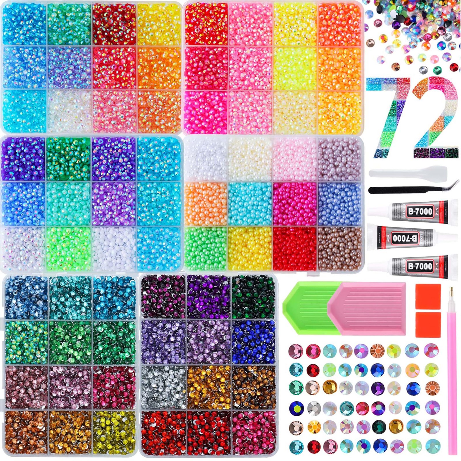 LERBOU Bedazzling Kit 54000PCS Rhinestones & 12 Colors Half Pearls, 48 Colors…