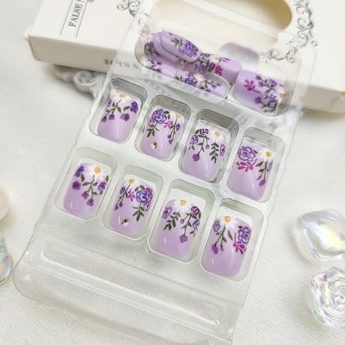 Short Press on Nails Square Fake Nails with French Tip Flower Leaves Designs