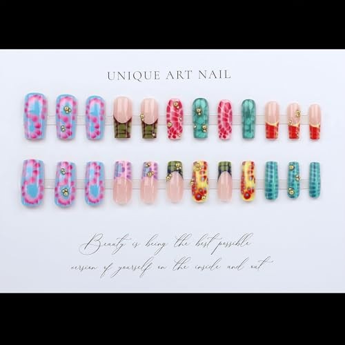 24Pcs Colorful Summer Press On Nails Medium Square, Y2K Leopard Print Fake