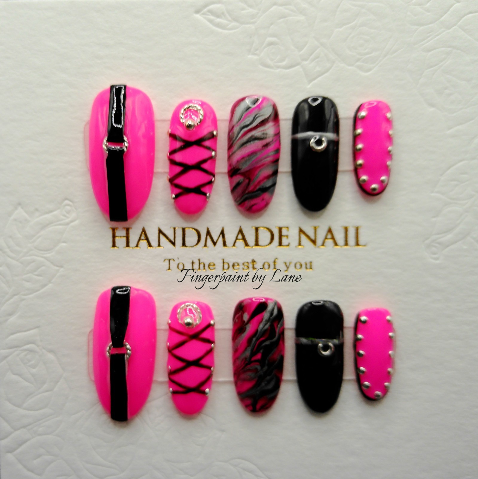 Vibrant Pink and Black bdsm Oval Press On Nails – Medium