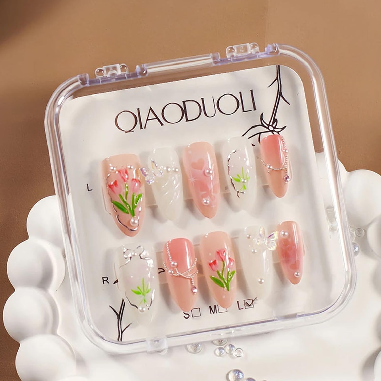 Handmade Nails Almond Press on Nails Medium Length Flower Tulip Fake Nails wi…