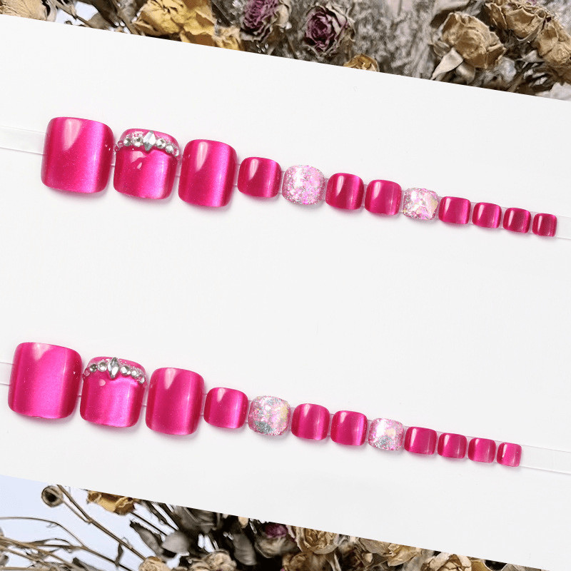 48pcs Short Square Toe Press on Nails, Fuchsia Clear Rhinestone Gloss Foot Nails