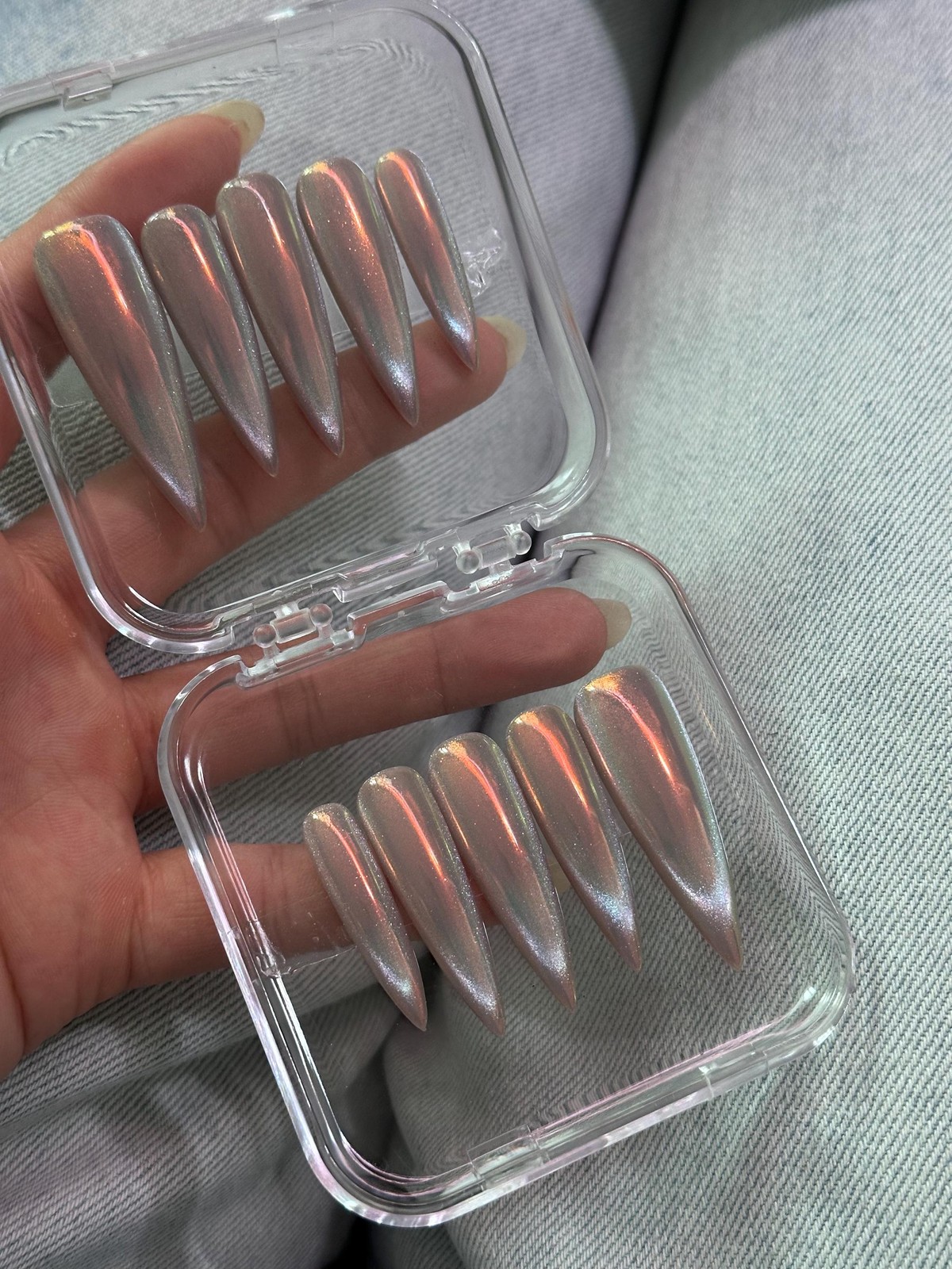 Custom Handmade Silver Holographic Chrome Long Stiletto Press on Nails