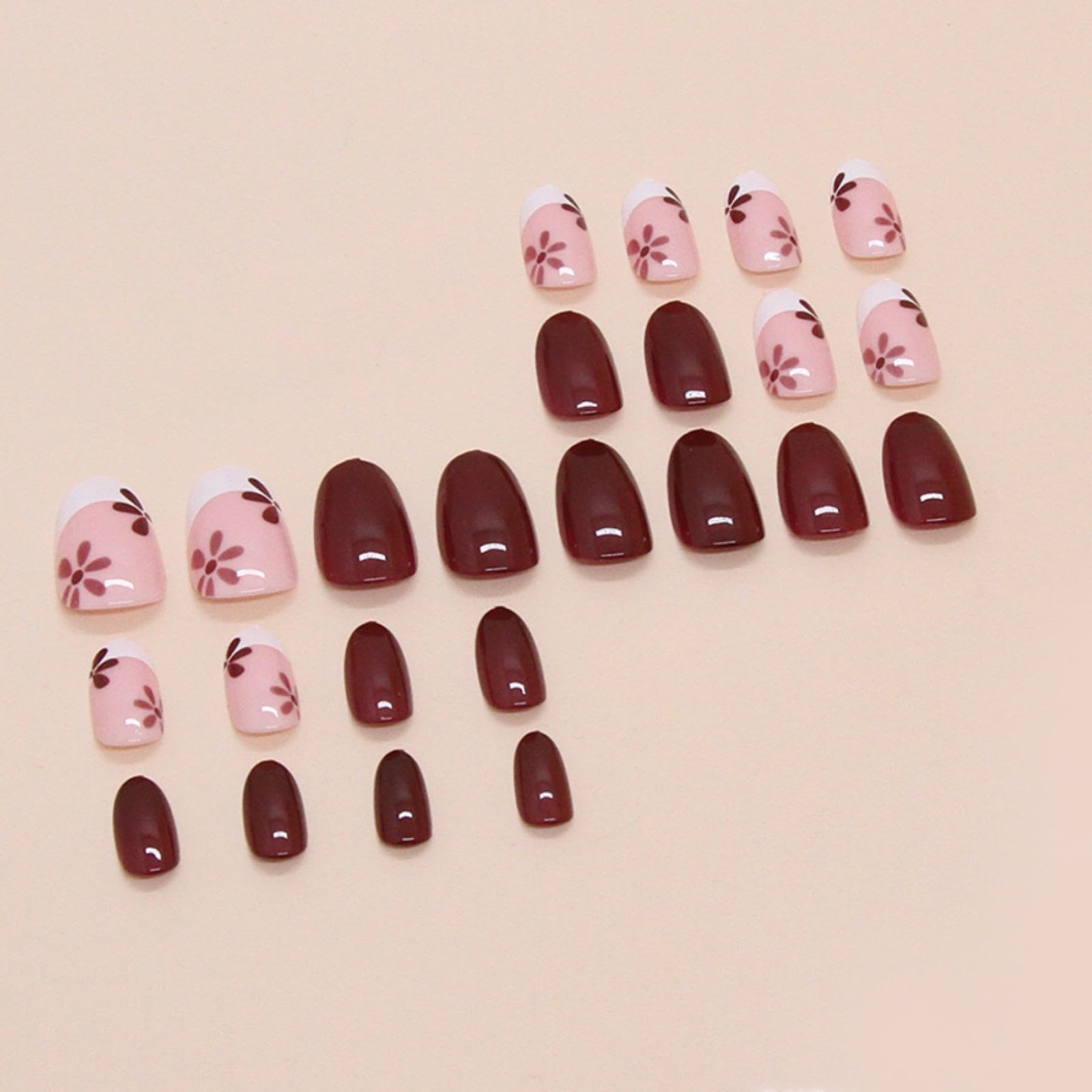 Walnut Brown Press on Nails Almond Fake Nails with Glue Glossy Flower False N…