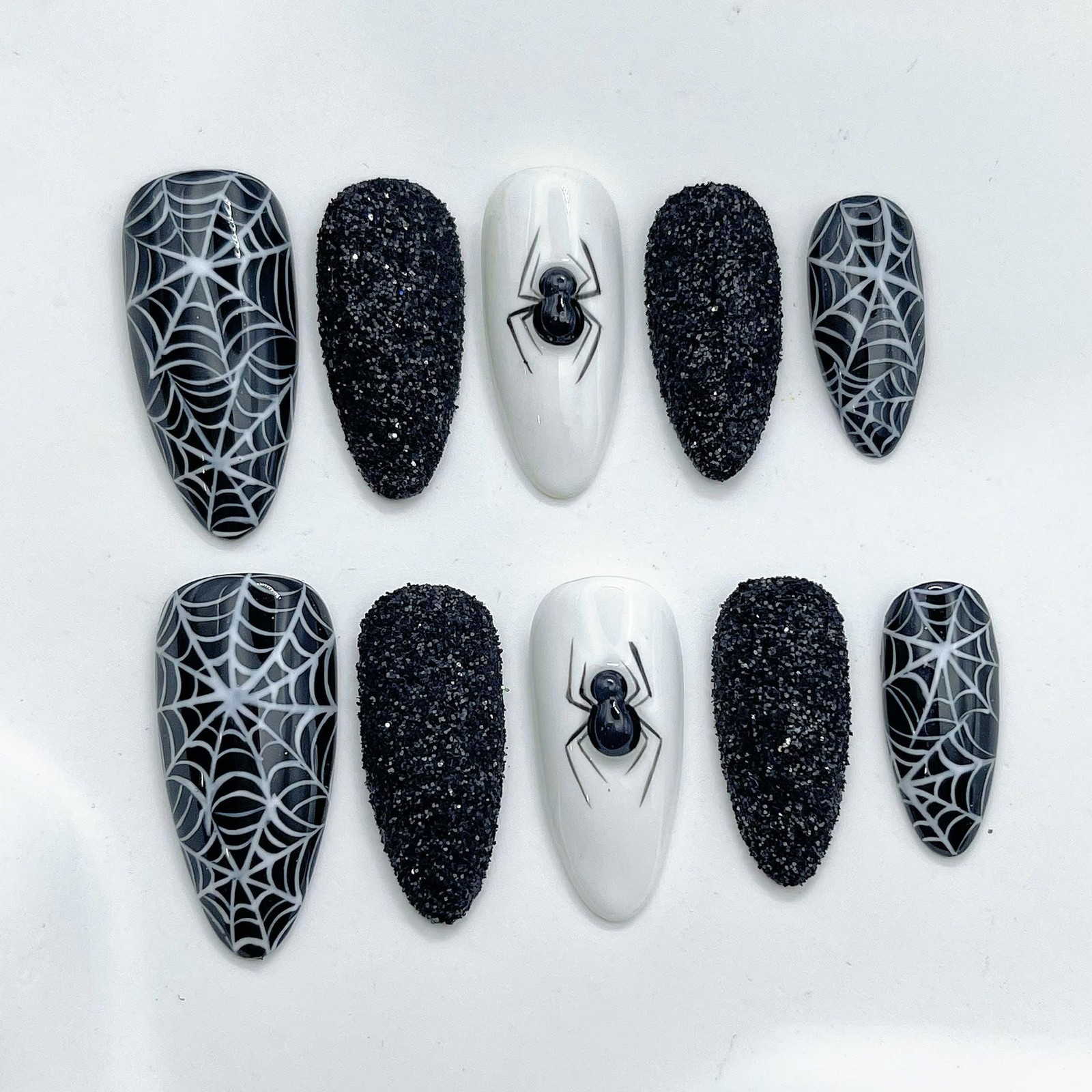 Custom Handmade Black Glitter Spider Web Almond Halloween Press on Nails