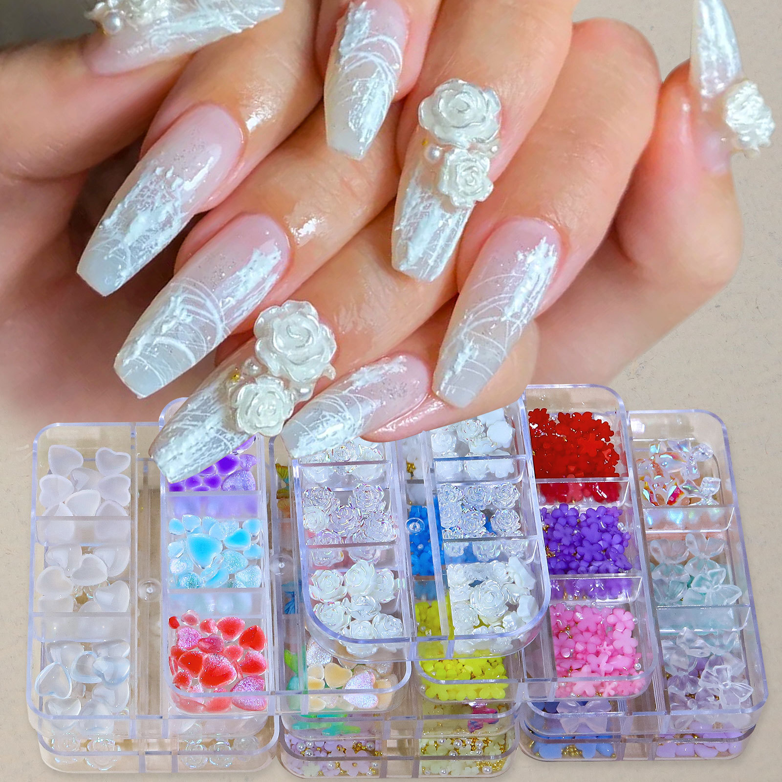 Mixed 3D Pearl Flowers Nail Decoration DIY Metal Beads Acrylic Nails Art Gem