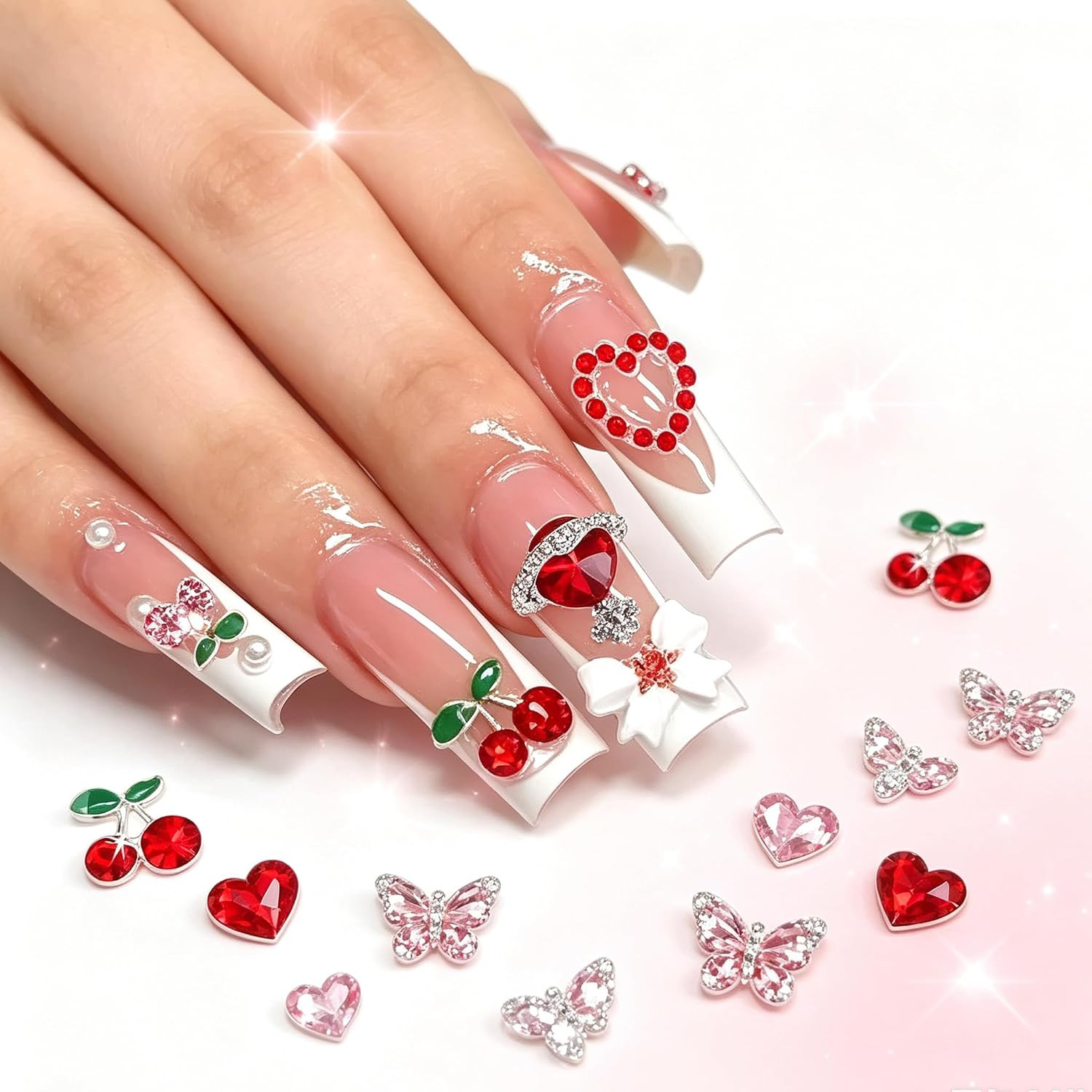 45 Pcs Cherry Nail Charms Rhinestone Red Pink Cherries Nail Art Gems Star Heart