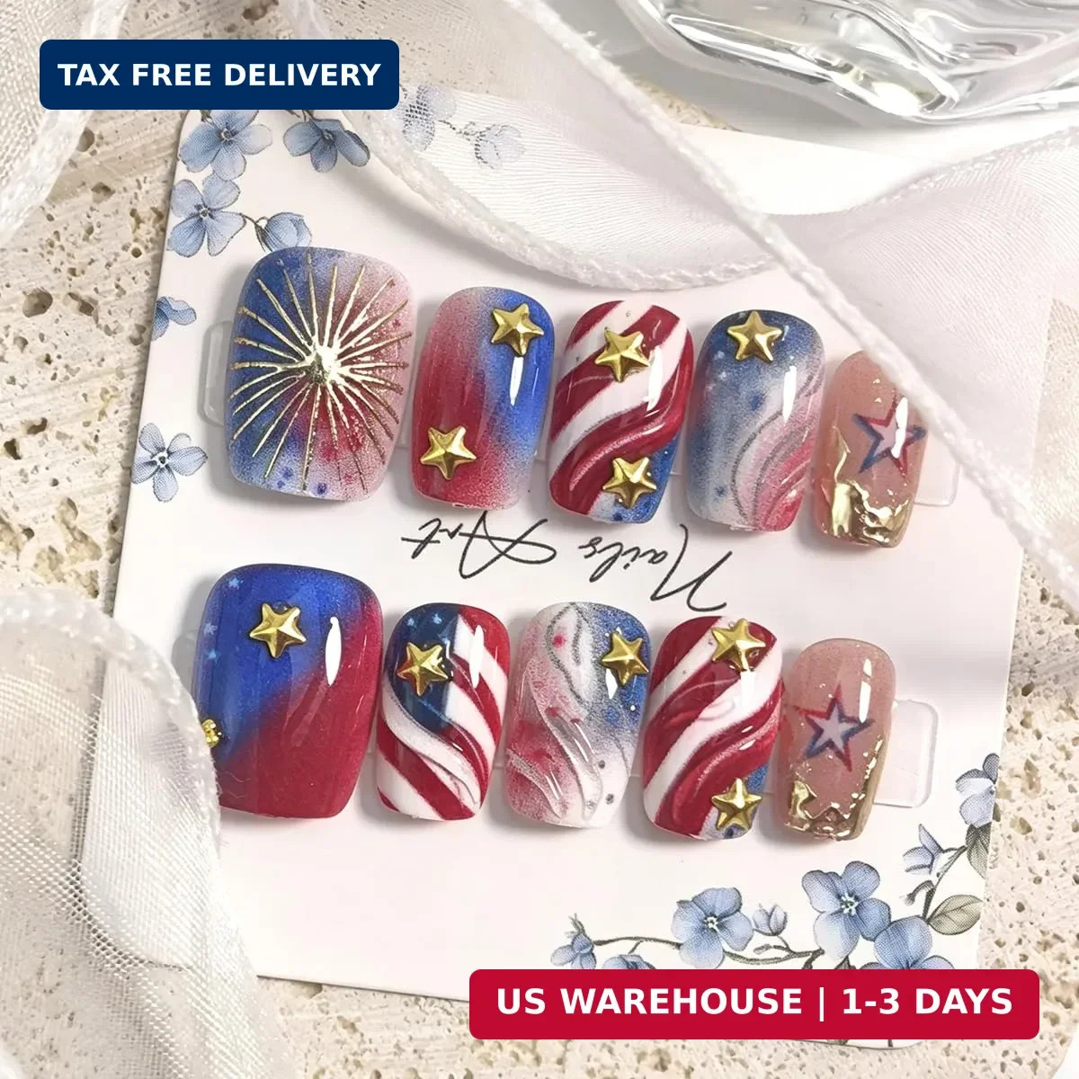 4th of July Press on Nails Medium Square Independence Day Fake Nails 3D Gold Sta
