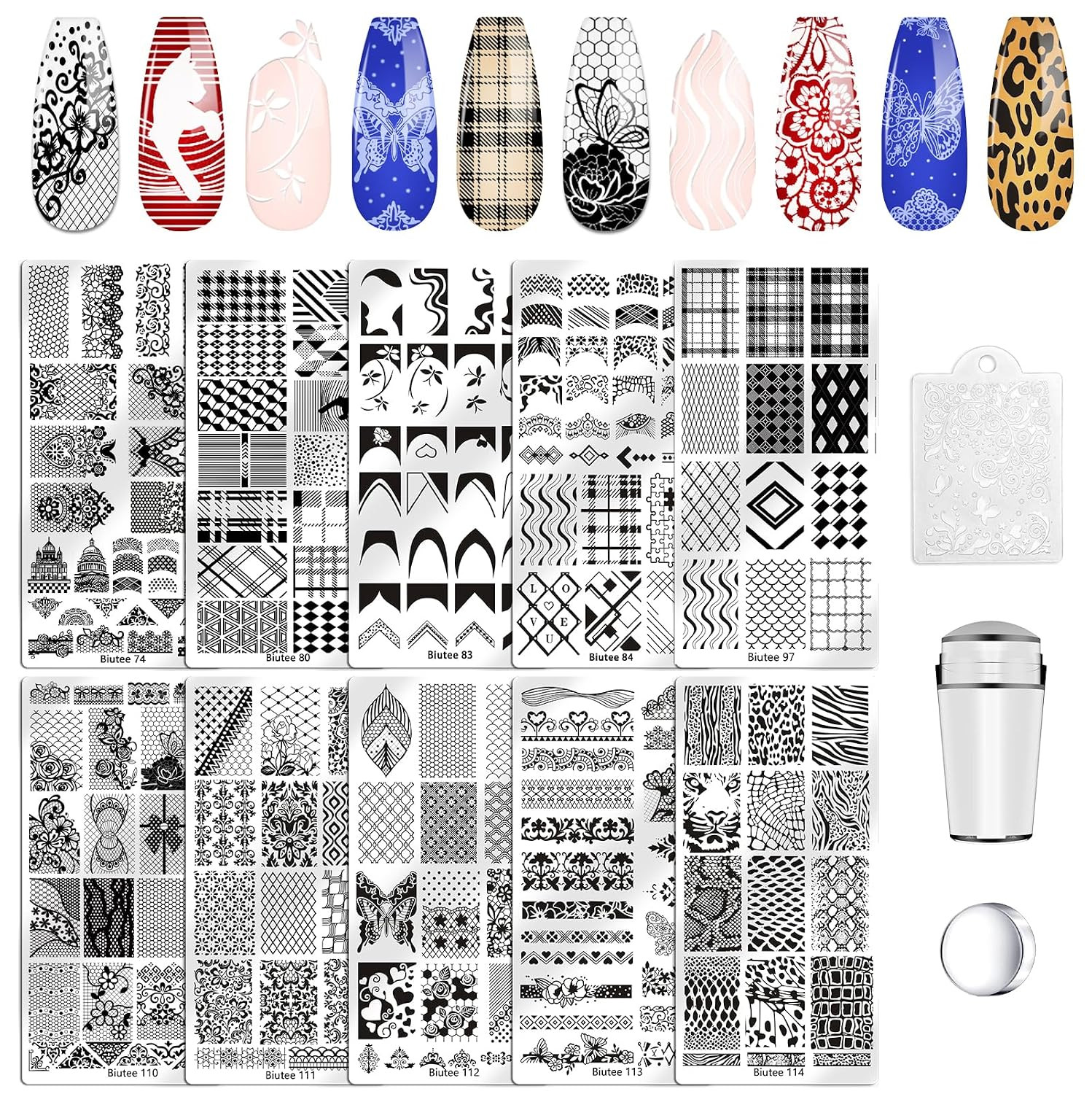 13Pcs Nail Stamping Plates Set – Lace Series Nail Art Stamper and Scraper Kit, P