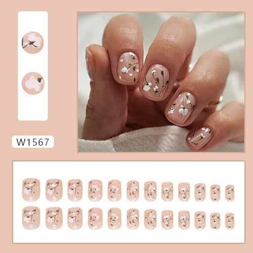 Square Press on Nails Short Length Flower French Tip Fake Nails Glossy Floral