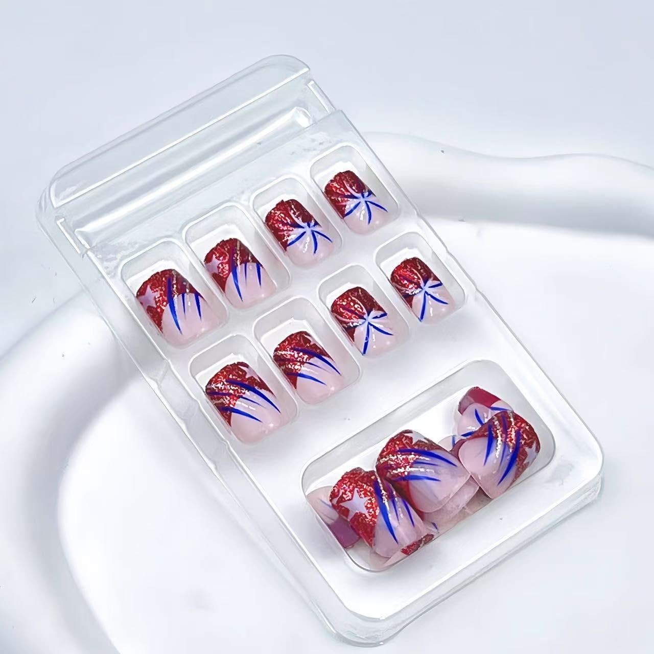 Independence Day Fireworks Press on Nails Short square Fake Nails Red Glitter…