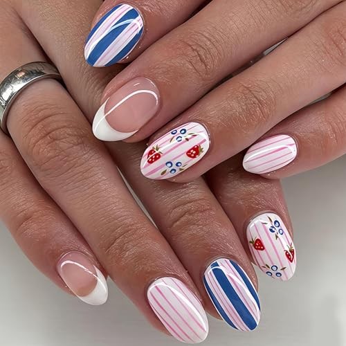 24Pcs Cute Press on Nails – Short Almond White French Tip – Colorful – 6