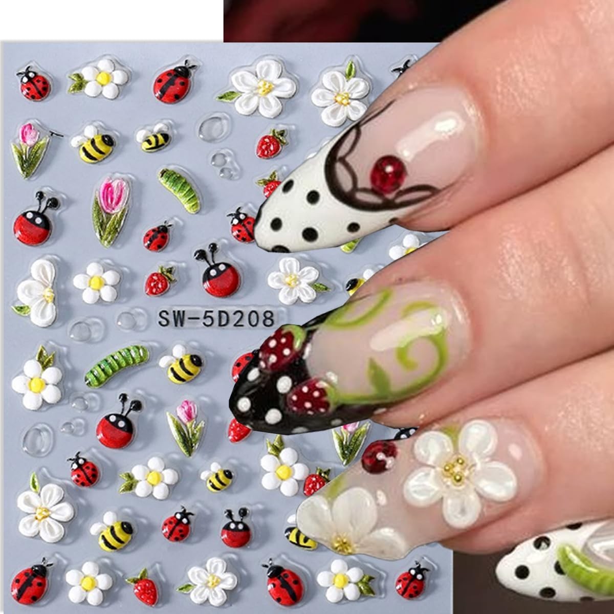 5D Embossed Ladybug Bee Nail Stickers Flower Nail Decals Daisy Nail Art Stick…