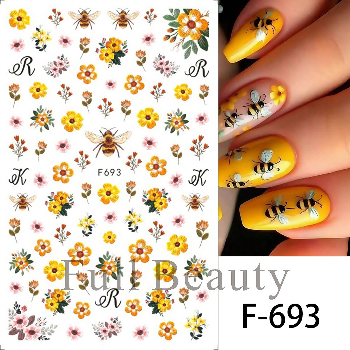 Nail Art Stickers Decals Yellow Flowers Bumble Bee Floral Bees Wasp F693 NS44