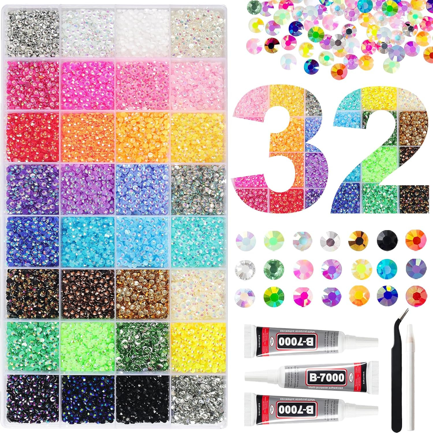 42000Pcs 32 Colors Jelly Resin Rhinestones for Bedazzling Kit, 3mm Multicolor Fl